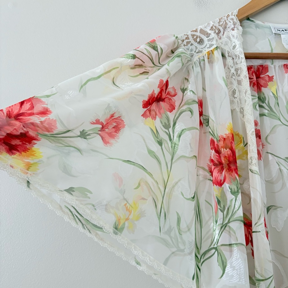 Natori Floral Sheer Lace Trim Wrap Robe Maxi‎ Romantic Vintage Lingerie Small - Picture 9 of 14